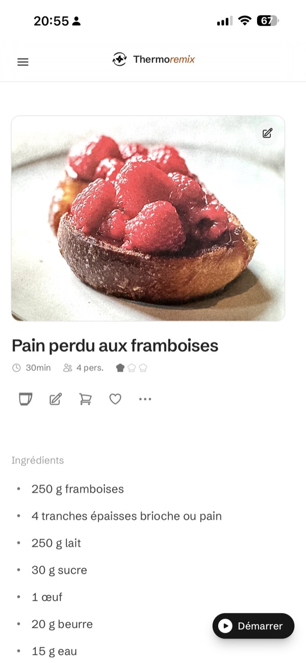 Recette Pain perdu aux framboises adaptée pour le Thermomix — ingrédients, portions et bouton Démarrer